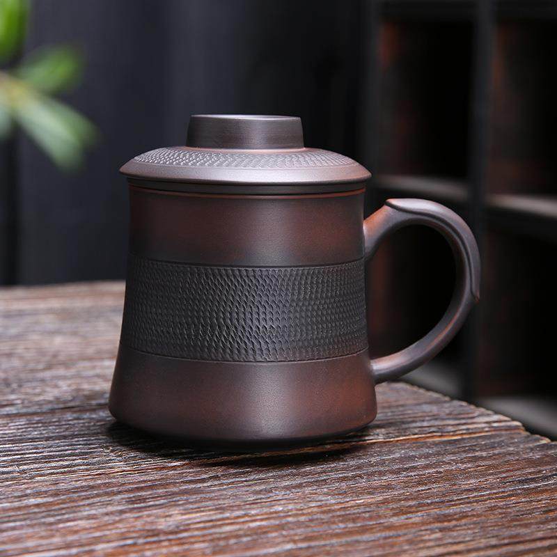 紫陶大容量办公室茶杯复古带盖过滤泡茶杯陶瓷茶水分离紫砂马克杯