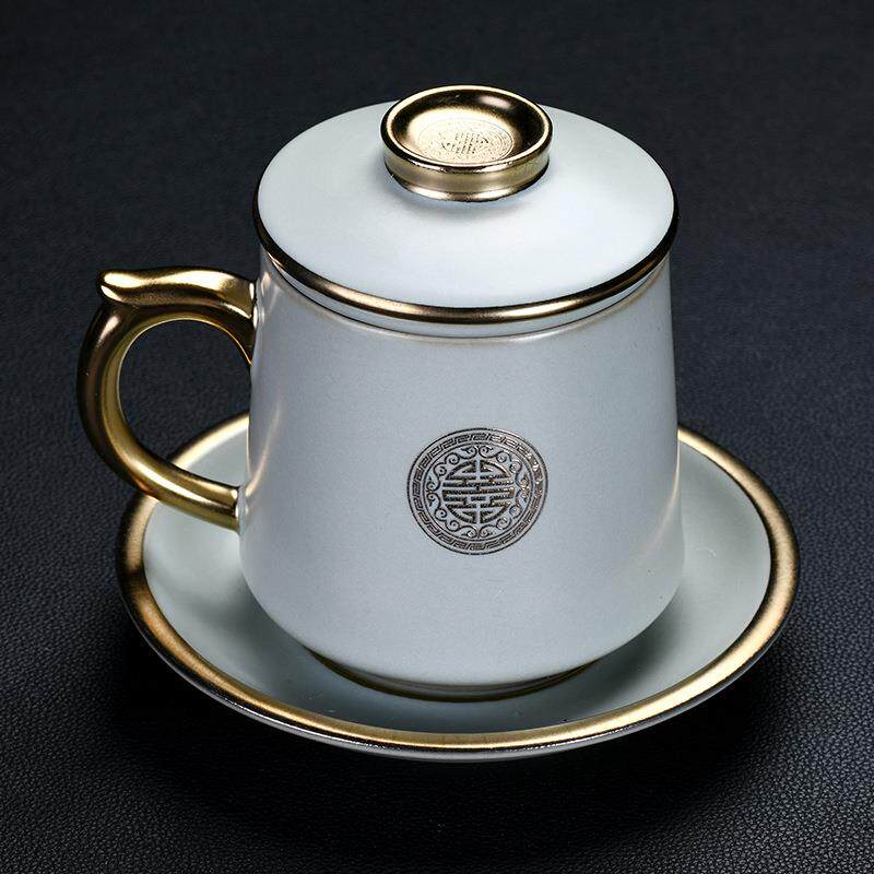 汝窑龙雀办公茶杯个人杯大容量办公室茶水分离泡茶杯带盖过滤陶瓷