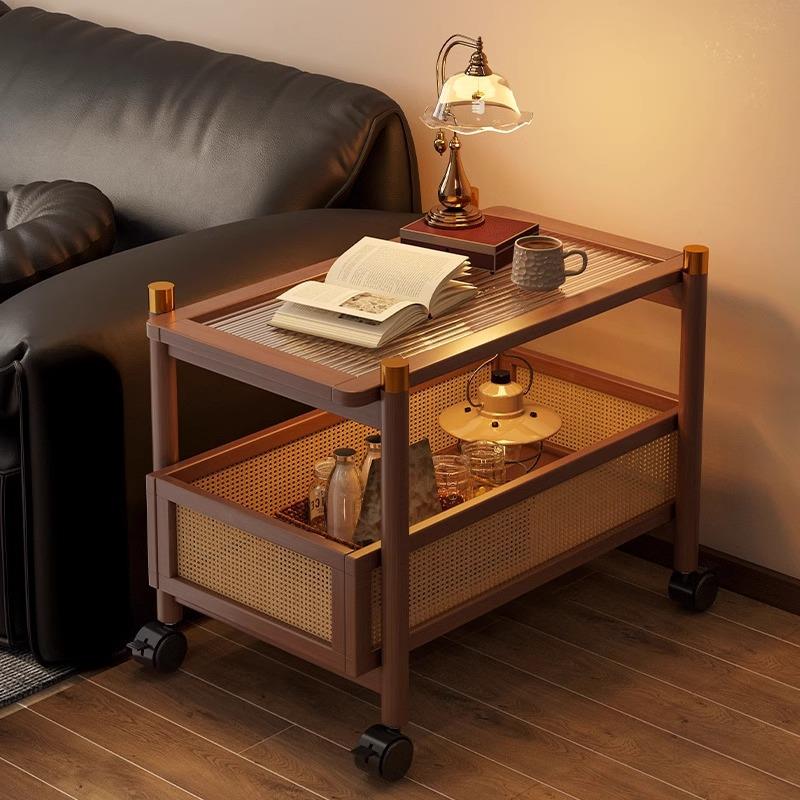 沙发边几可移动茶几中古小推车客厅小桌子床头侧边边柜带轮置物架