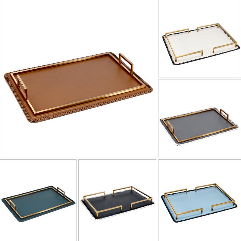 梵茜高档轻奢皮革长方形托盘金属扶手样板房客厅装饰收纳盘摆件