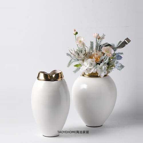 新中式现代金边陶瓷花瓶家居样板间售楼处软装窑变插花器饰品摆件