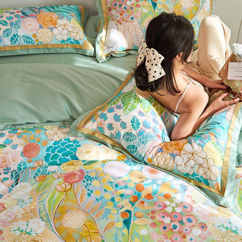 数码印花轻奢田园米兰绿色小碎花全棉四件套