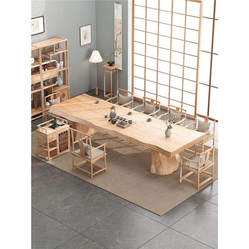 新中式经济型双拼白蜡木泡茶桌原木实木大板茶桌白蜡木自然边茶台