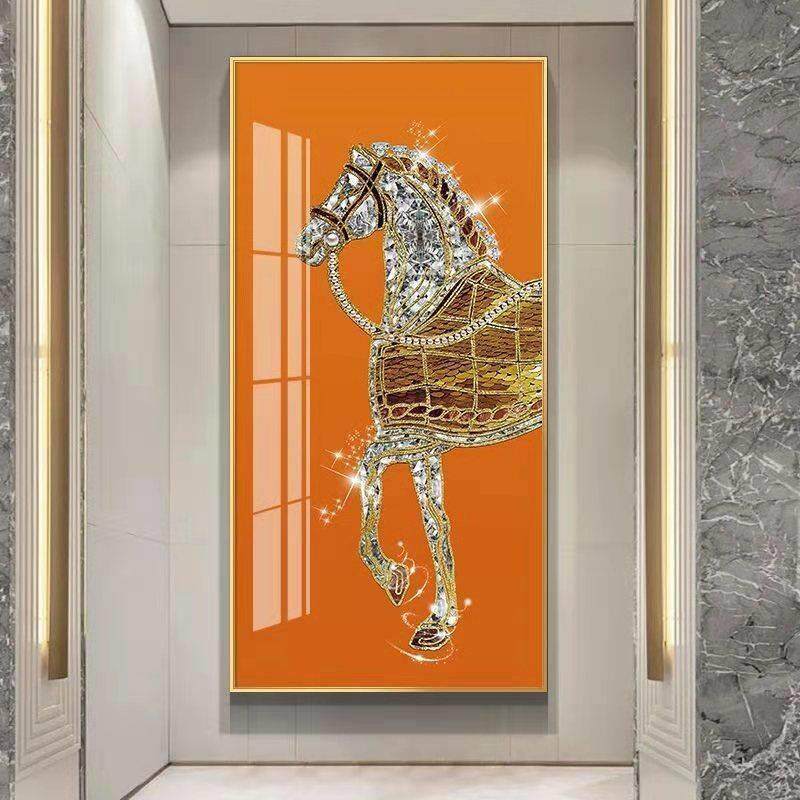 北欧爱马图玄关装饰画轻奢入户晶瓷挂画走廊过道墙画竖版壁画