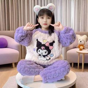 女孩保暖家居服秋冬季加厚保暖2025年新款儿童法兰绒睡衣卡通毛绒