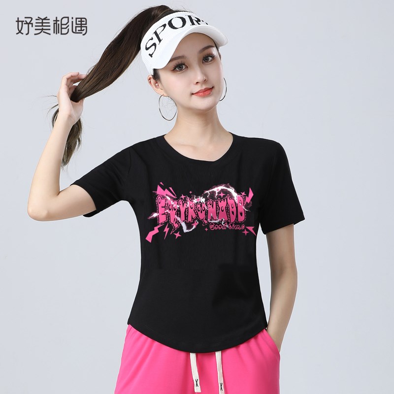 广场舞健身操跳舞衣服夏天圆领短袖上衣单件纯棉t恤运动跳操夏款