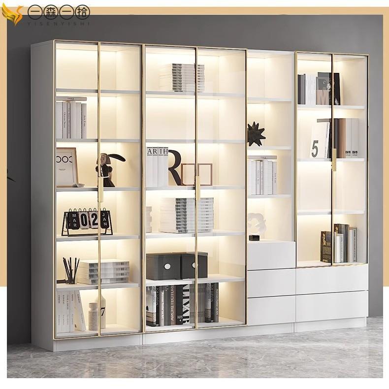 【折扣价】轻奢家用客厅一体靠墙满书架玻璃展示柜实木书柜玻璃门