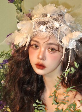 梦幻质感绢纱立体烫花法式头纱帽新娘头饰婚纱跟妆旅拍高级感配饰