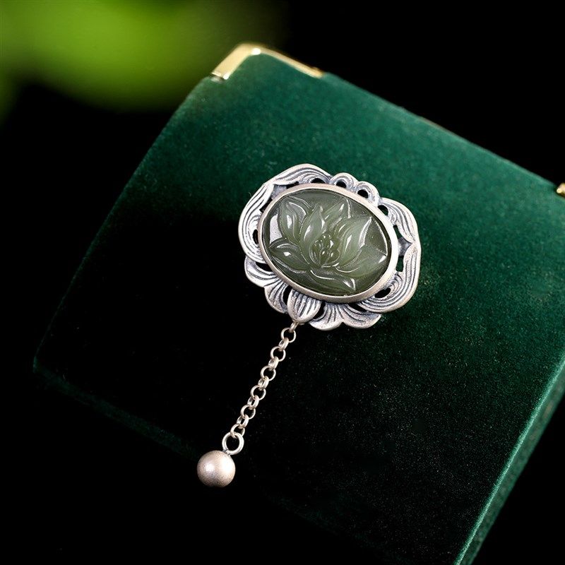 民族风天然碧玉莲花胸针镀纯银吊坠女流苏复古老古风配饰别针旗袍,饰品/流行首饰/时尚饰品新,胸针,淘宝优惠券,粉丝福利购,淘宝优惠卷
