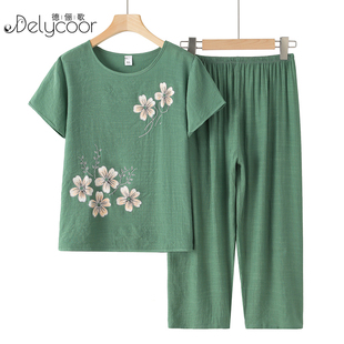 奶奶短袖 中老年女装 宽松洋气老人夏天衣服两件套 棉绸套装 妈妈夏装