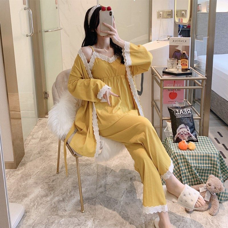 纯棉孕妇睡衣女带胸垫三件套月子服春夏天薄款吊带哺乳产妇喂奶衣图片