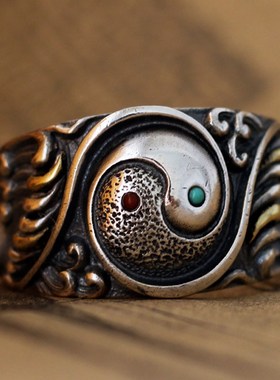 太极浪花纯银戒指开口指环个性复古镶嵌阴阳鱼饰品民族风男士首饰