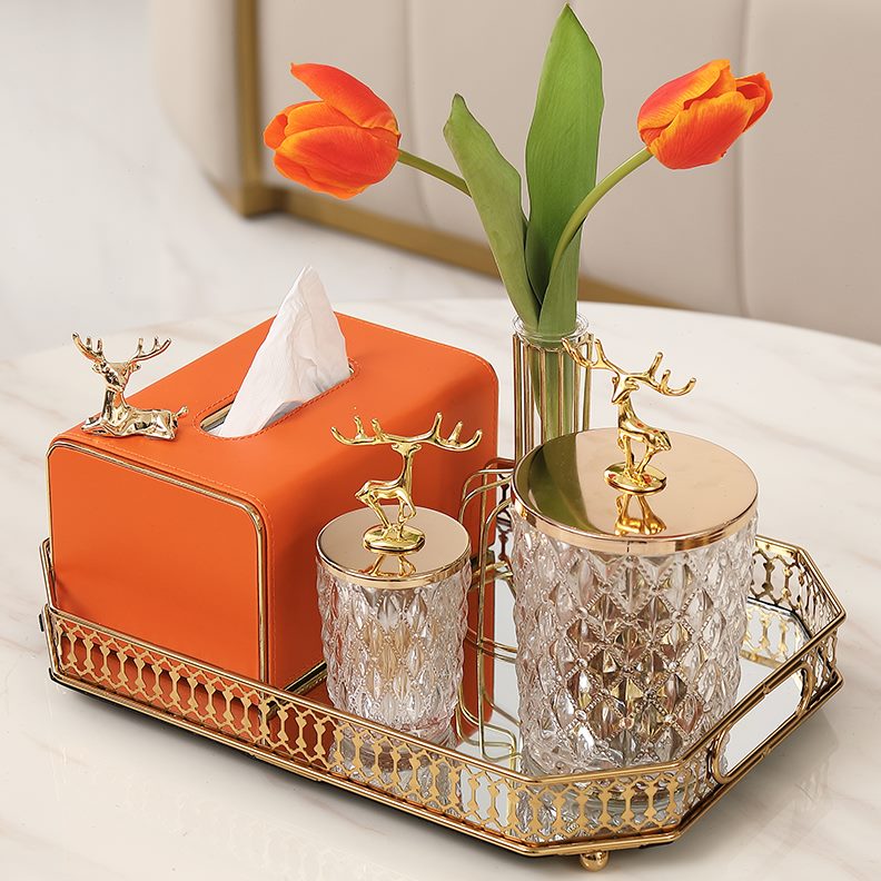 家用纸巾盒橙色餐巾收纳皮质创意简约客厅茶几花艺抽纸盒轻奢套装