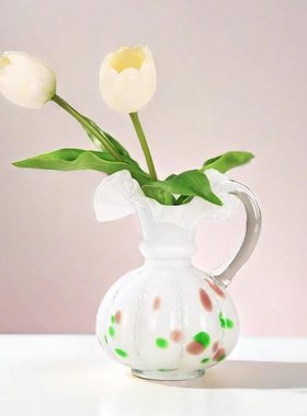 n芬顿to水养f器中插花客厅装饰摆件花瓶单耳古n褶皱e白色花边琉璃