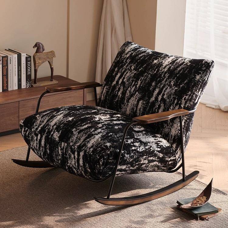 法式复古摇椅水墨单人休闲躺椅客厅阳台家用别墅布艺懒人摇摇椅