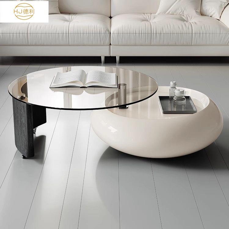 圆形奶油风茶几可旋转客厅家用小户型轻奢高级意式钢化玻璃茶几