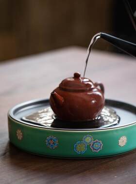 松石绿陶瓷茶盘双层蓄水储水式干泡盘圆形茶台茶托大号壶承壶垫