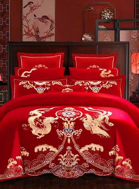 纯棉婚庆四件套大红色刺绣结婚床品新婚六八十件套全棉被套1.8m床