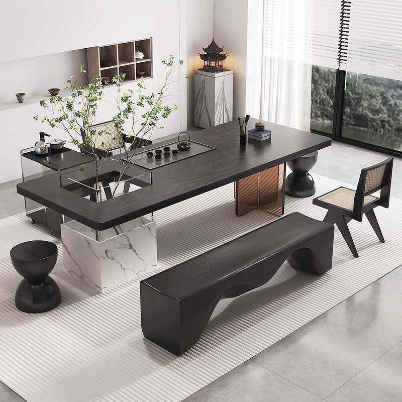 现代简约实木泡茶桌椅组合一体碳化大板办公室泡茶桌家用会客茶桌