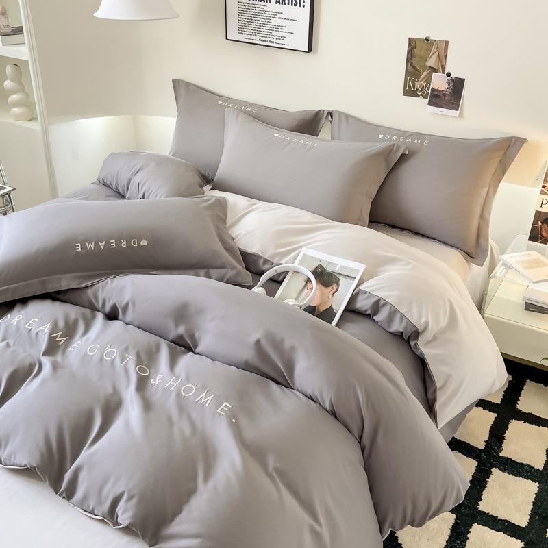 简约轻奢磨毛刺绣床单四件套亲肤柔软被套床笠裸睡学生宿舍三件套