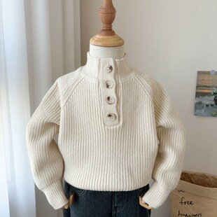 女童毛衣秋冬2025新款洋气红色新年中领男童半高领时尚打底针织衫