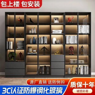 轻奢书柜带玻璃门书架落地简约现代定制客厅书橱实木手办展示柜子