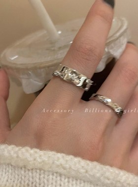 千亿少女#银色素圈锆石开口戒指女冷淡风气质情侣指环个性食指戒