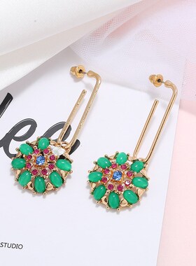 韩国个性百搭绿色森系超仙水钻吊坠长款耳环时尚气质百搭圆形耳环