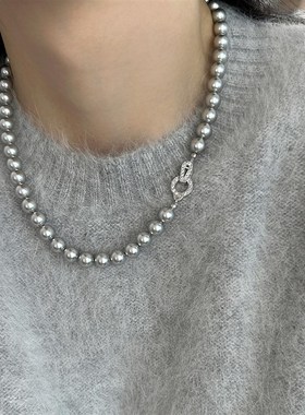 真多麻灰珍珠项链女款2024新款爆款轻奢小众高级感气质百搭锁骨链