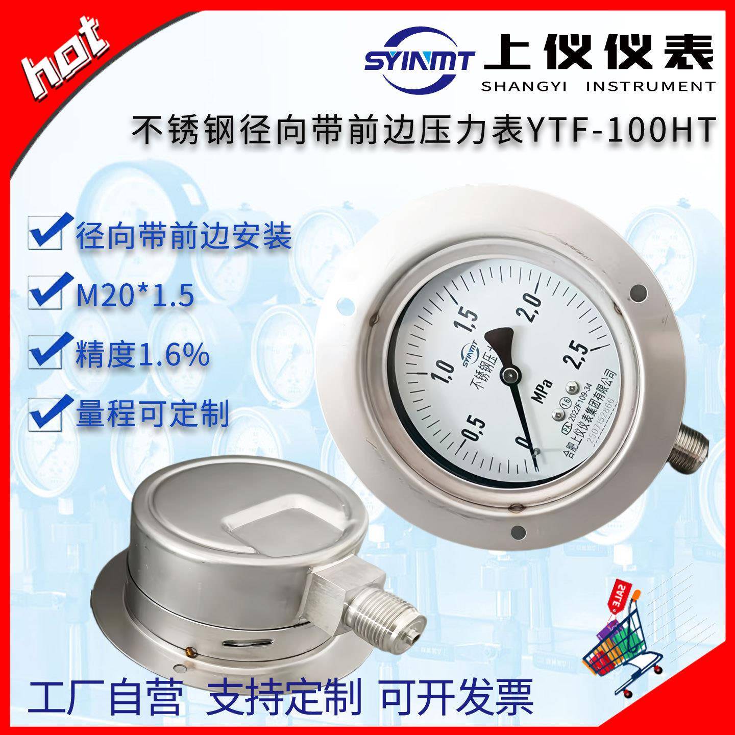 SYINMT上仪径向带边船用耐震压力表YTF-100HT10bar液压防震压力表