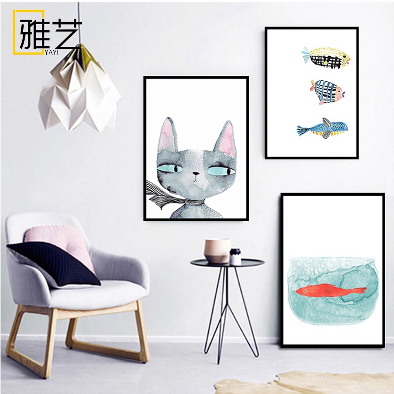 北欧风格装饰画卧室餐厅挂画可爱卡通猫和鱼壁画简约房间床头墙画图片