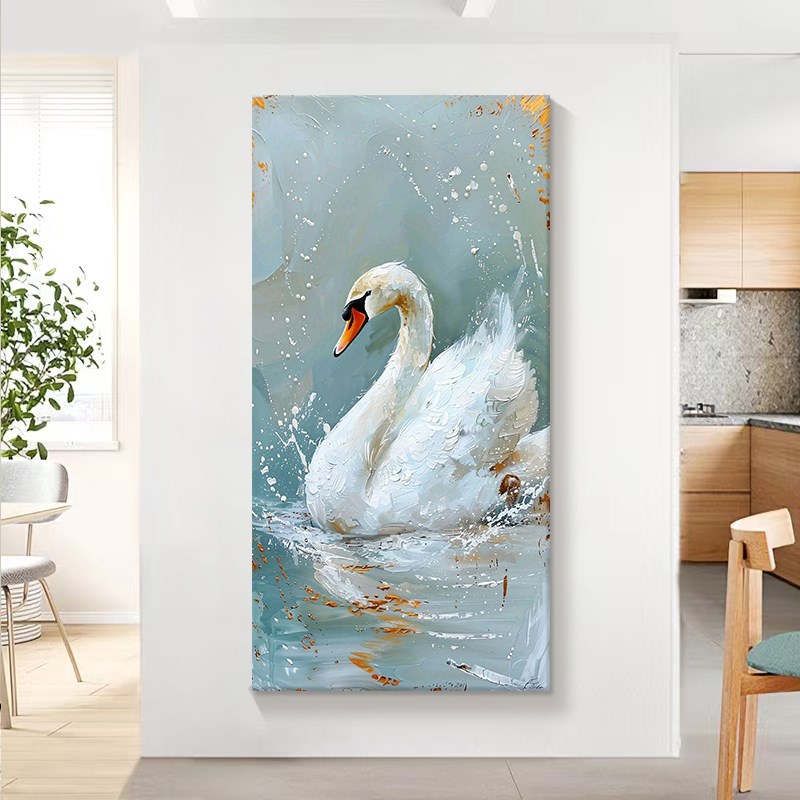 轻奢北欧风客厅玄关装饰画白色天鹅手绘油画肌理动物卧室挂画竖版图片