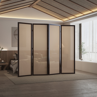 新中式实木折叠移动屏风隔断茶室民宿酒店乔其纱半透遮挡空白定制