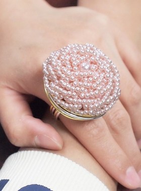 手工绕线珍珠大气百搭戒指女 复古宫廷风时尚夸张戒指女食指戒大