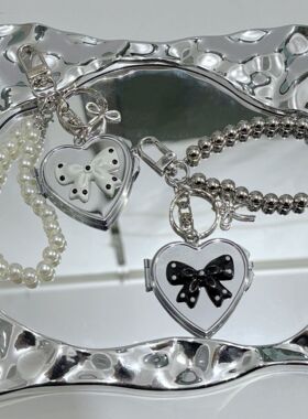 新款创意INS银色CCB珠串双面爱心镜子钥匙扣蝴蝶结装饰包包挂件