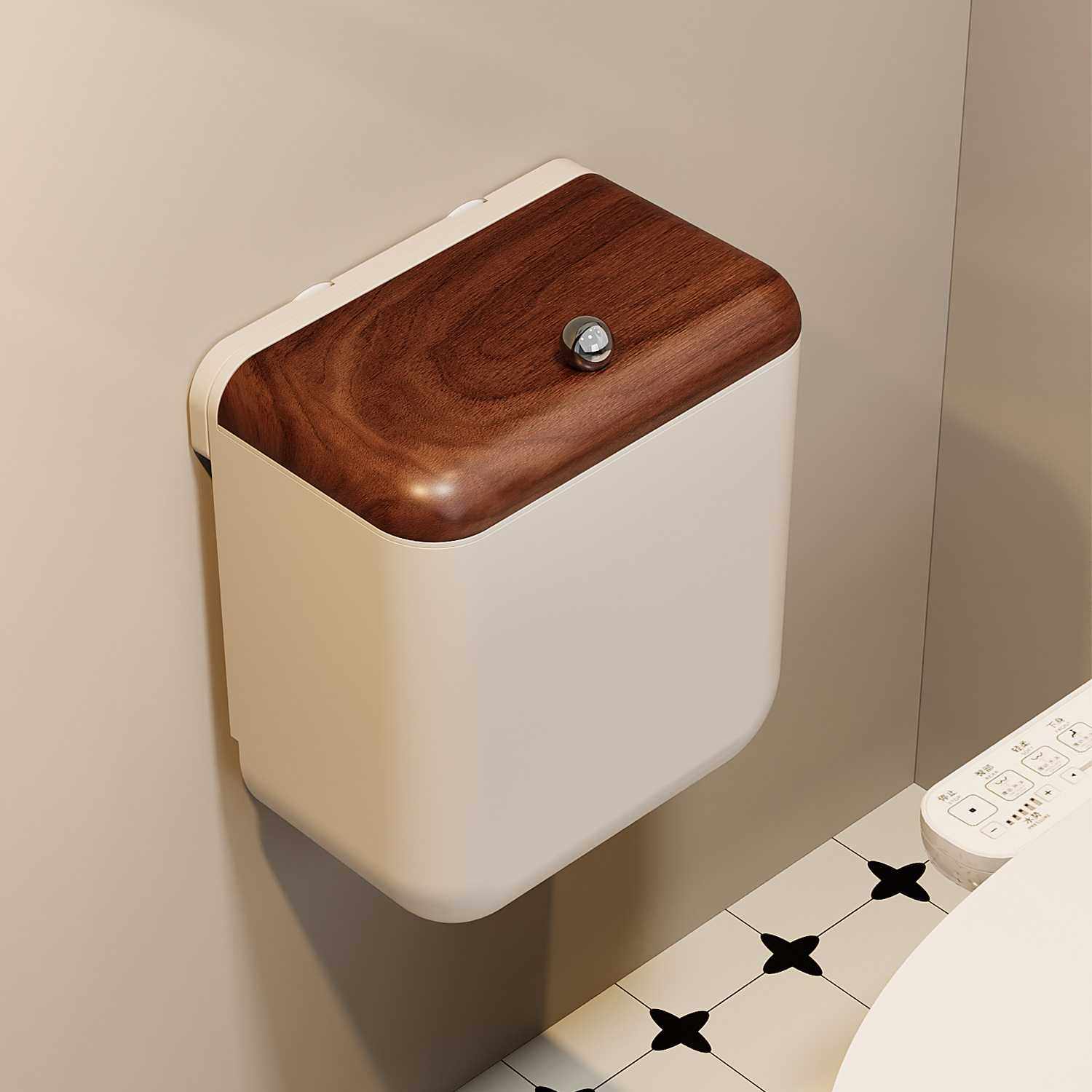 高颜值木纹吸盘垃圾桶化妆室厕所家用中古风厨房大容量壁挂式带盖