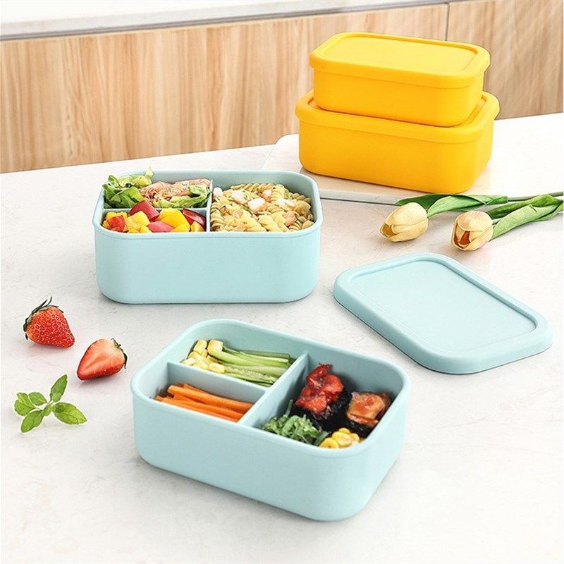 硅胶饭盒保鲜盒方形分隔午餐便当盒可冷藏微波炉加热日式学生餐盒,餐饮具,保鲜盒,淘宝优惠券,粉丝福利购,淘宝优惠卷
