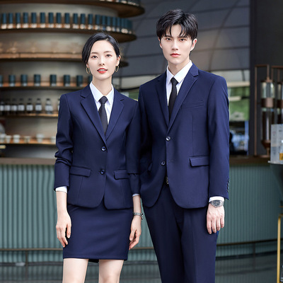 秋冬男女同款黑色职业西装哔叽料西服银行销售地产工作服刺绣LOGO