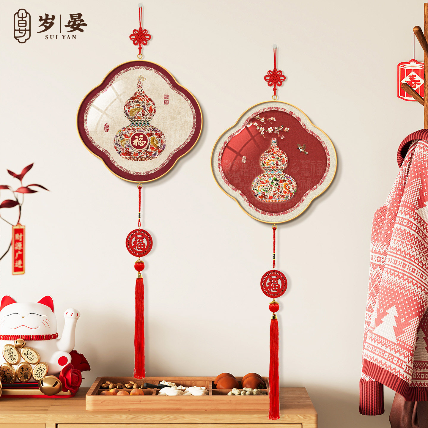 福禄葫芦客厅电视机背景墙挂画新中式福字挂件百福图高级感装饰画