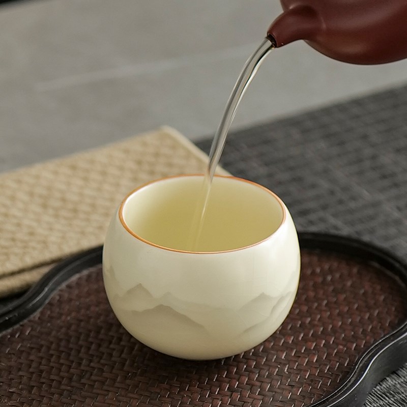 米黄汝窑水墨江山茶杯个人主人杯喝茶杯子茶盏节日送员工礼品