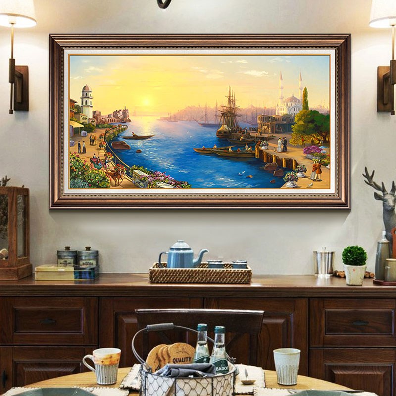 美式沙发背景墙客厅装饰画建筑夕阳风景欧式书房大气轻奢壁画挂画图片