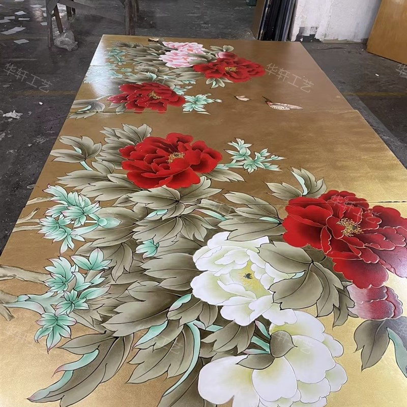 定制金箔牡丹花挂画墙壁手绘漆画屏风沙发卧室移动隔断酒店装饰画图片