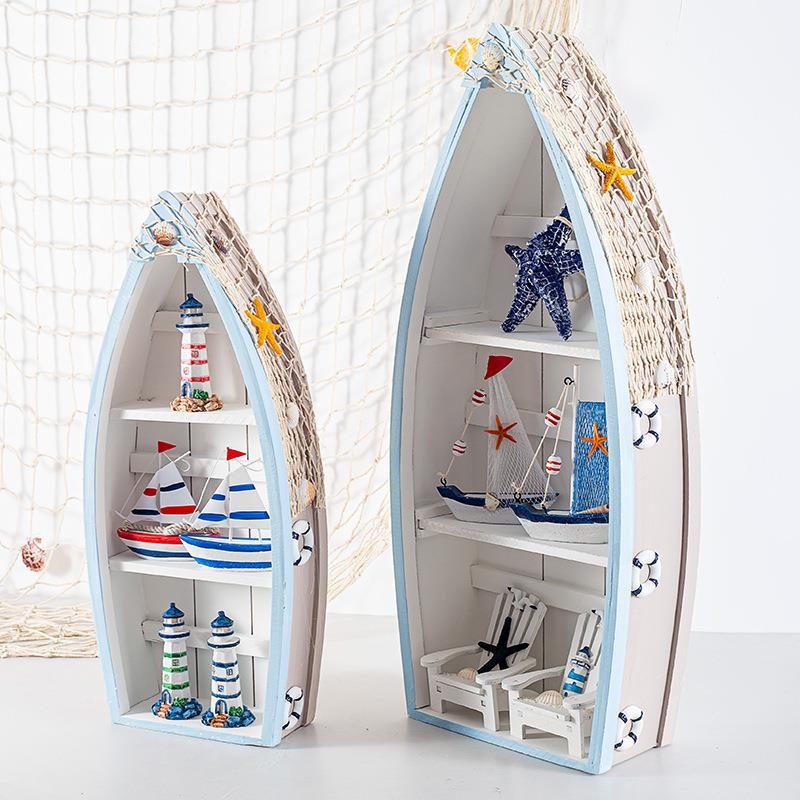 【折扣价】地中海风格家居装饰船柜二件套木质做旧储藏柜展示柜家