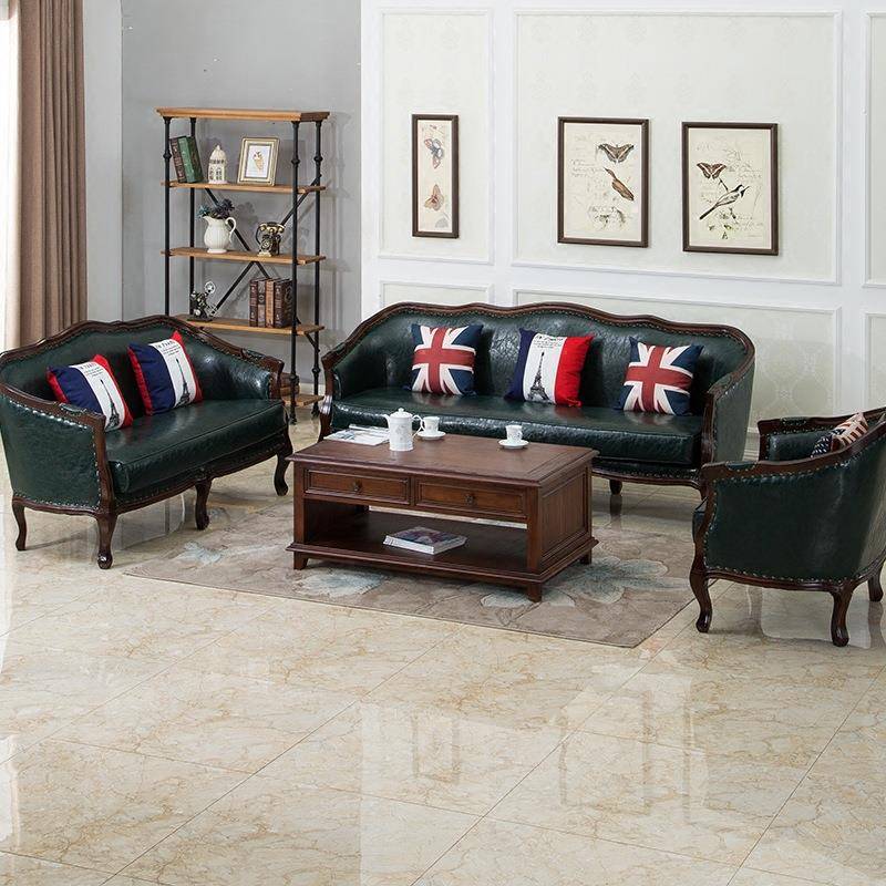 【折扣价】美式乡村全实木皮艺沙发复古皮布艺欧式沙发小户型客厅