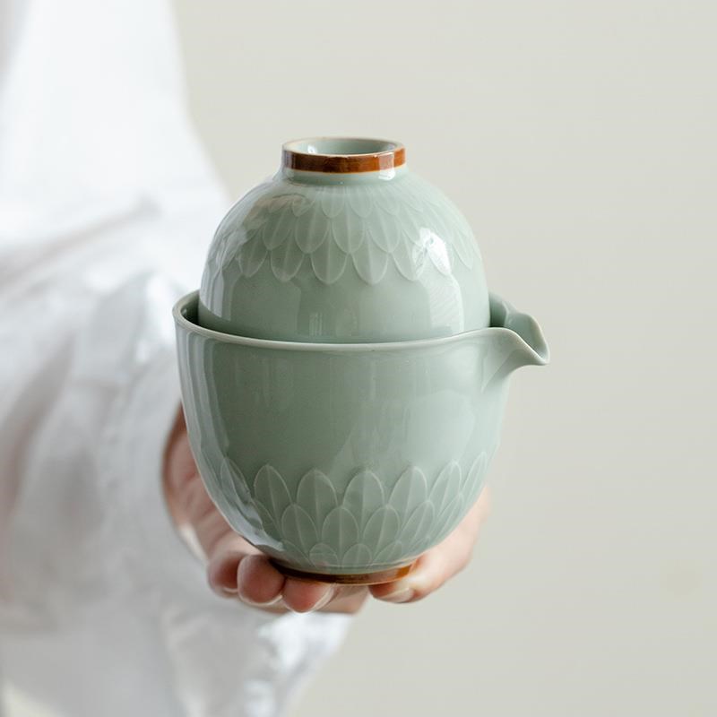 青瓷莲瓣户外旅行茶具快客杯套装便携式包一壶二杯单人功夫泡茶