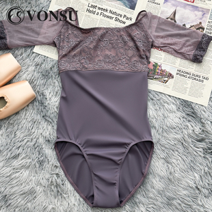 VONSU梵舒高端空中表演短袖 蕾丝拼接形体练功服专业芭蕾舞服B6540