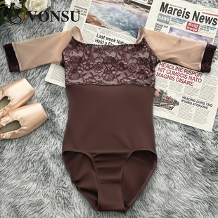 VONSU芭蕾体操服空中形体练功服深棕色连体服女短袖 练功服B6540
