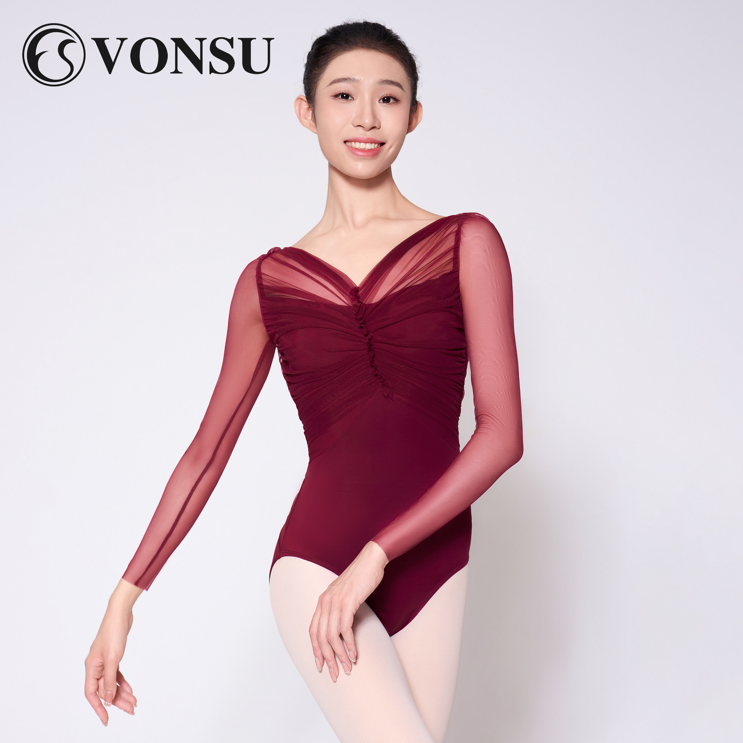 梵舒芭蕾舞体服酒红形体服