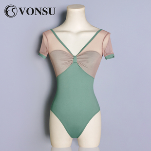 VONSU芭蕾舞形体服女体操服短袖 网纱连体服练功服艺考舞蹈服B6917