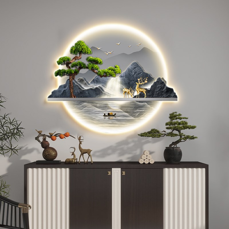 新中式玄关装饰画带灯流水生财山水入户正对门挂画客厅迎客松壁画